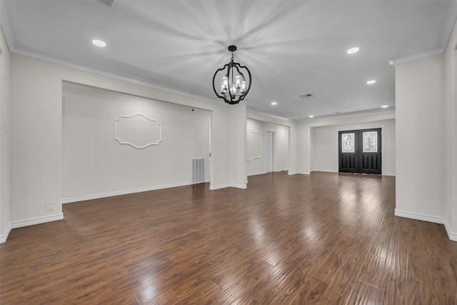 15905 Lakeview Dr, Jersey Village, TX 77040 - unfurnished living room featuring a chandelier, recessed lighting, wood finished floors, and crown molding