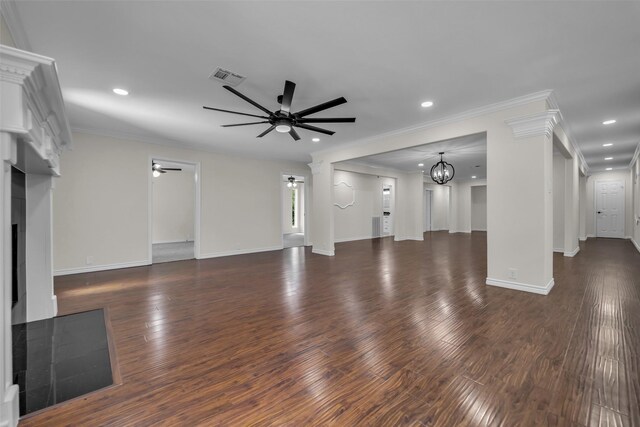15905 Lakeview Dr, Jersey Village, TX 77040 - unfurnished living room featuring a ceiling fan, a chandelier, recessed lighting, a fireplace, and dark wood-style floors