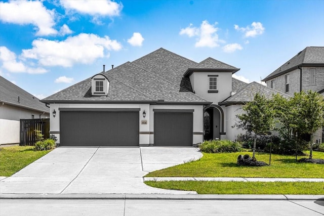4114 Basin Park Dr, Manvel, TX 77578 - french country inspired facade featuring stucco siding, an attached garage, a front lawn, concrete driveway, and a shingled roof