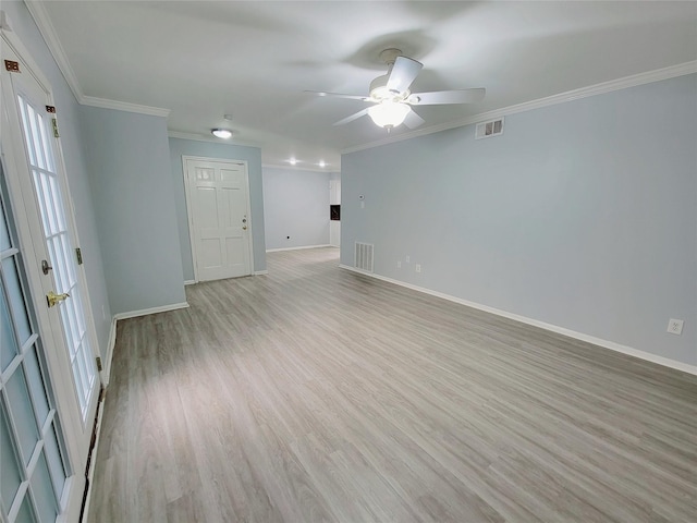 7900 Westheimer Rd Unit 255, Houston, TX 77063 - empty room featuring baseboards, a ceiling fan, light wood-style floors, and crown molding