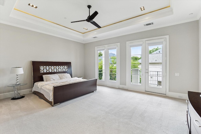4613 Maple St, Bellaire, TX 77401 - bedroom with a raised ceiling, access to exterior, crown molding, carpet floors, and ceiling fan