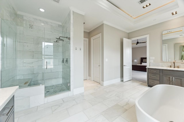 4613 Maple St, Bellaire, TX 77401 - full bathroom featuring vanity, crown molding, a freestanding bath, a stall shower, and baseboards