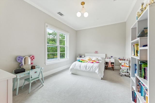4613 Maple St, Bellaire, TX 77401 - carpeted bedroom featuring crown molding, baseboards, and a chandelier