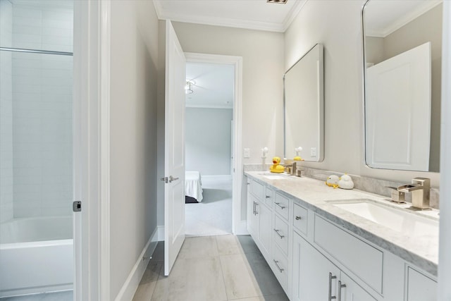 4613 Maple St, Bellaire, TX 77401 - full bath featuring ornamental molding, double vanity, connected bathroom, baseboards, and shower / bathtub combination