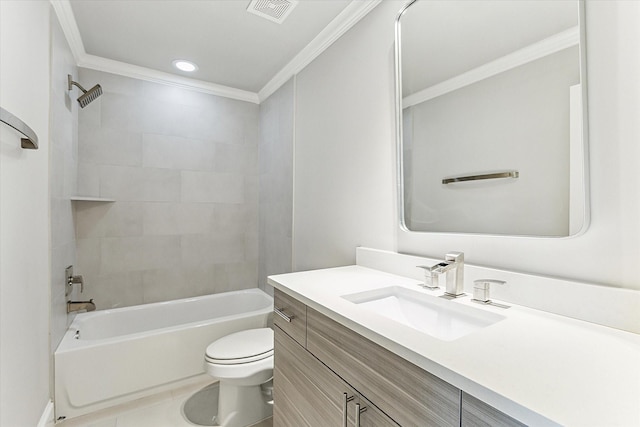 4613 Maple St, Bellaire, TX 77401 - full bath featuring vanity, toilet, ornamental molding, tub / shower combination, and recessed lighting