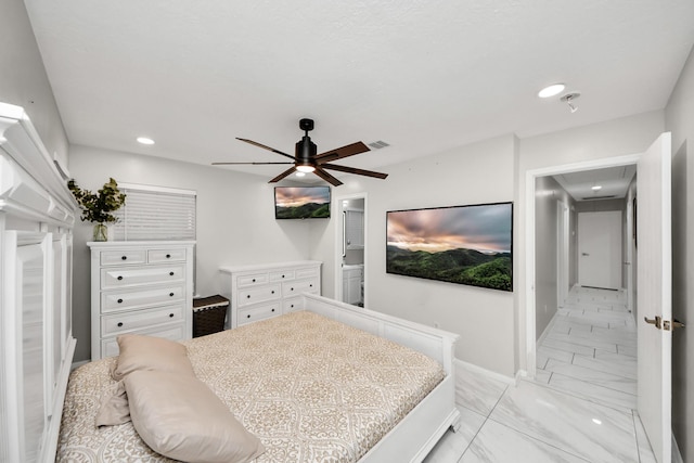 8707 Tartan Walk Ln, Houston, TX 77075 - bedroom featuring light marble finish floors, recessed lighting, baseboards, and ceiling fan