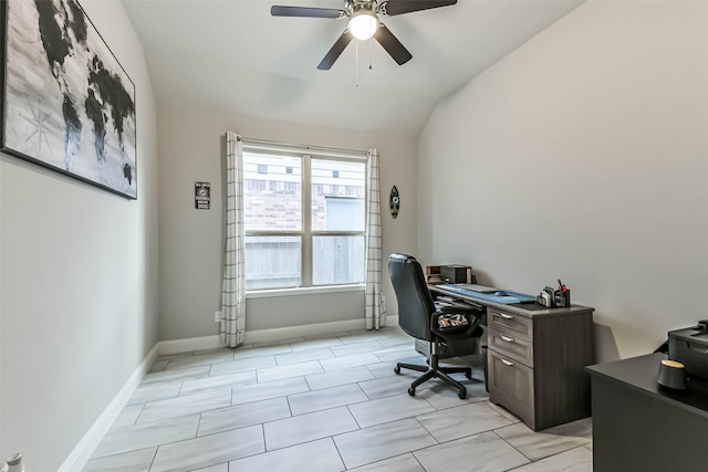 19426 Canter Field Ct, Tomball, TX 77377 - office space with a ceiling fan, lofted ceiling, and baseboards