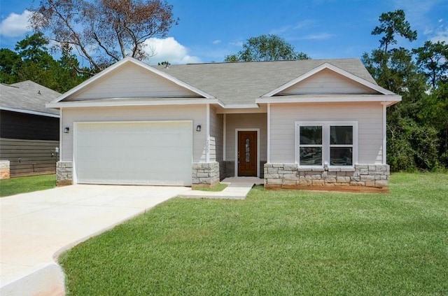 2352 Cedar Place Dr, Conroe, TX 77306 - ranch-style home with a garage, stone siding, driveway, and a front lawn