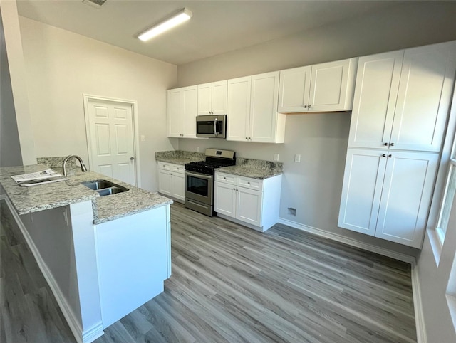 2352 Cedar Place Dr, Conroe, TX 77306 - kitchen featuring appliances with stainless steel finishes, a sink, a peninsula, and light wood-type flooring