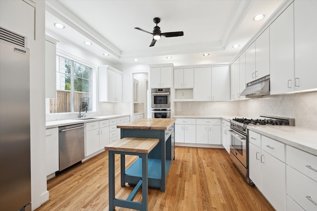 4521 Palmetto St, Bellaire, TX 77401 - kitchen with premium appliances, under cabinet range hood, wooden counters, ceiling fan, and open shelves