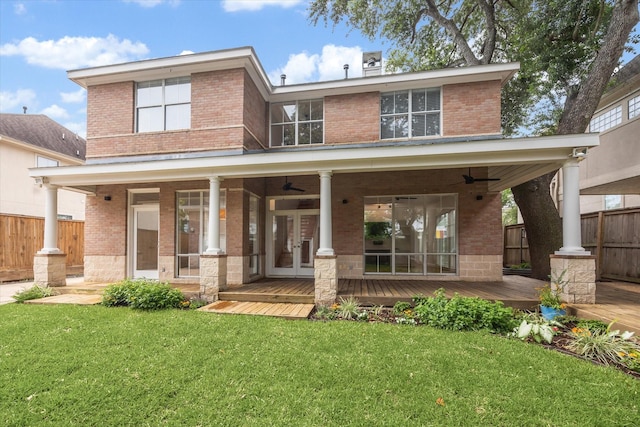 4521 Palmetto St, Bellaire, TX 77401 - back of house with french doors, brick siding, and ceiling fan