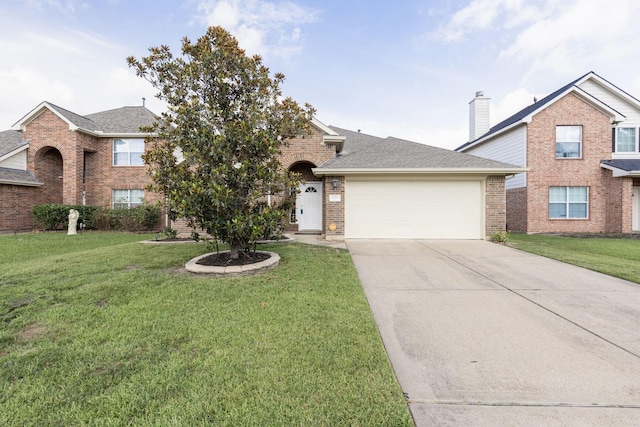 6431 Bright Falls Ln, Katy, TX 77449 - traditional-style home featuring brick siding, a garage, driveway, and a front yard