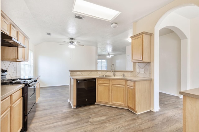 6431 Bright Falls Ln, Katy, TX 77449 - kitchen with black appliances, a sink, range hood, light brown cabinetry, and a ceiling fan