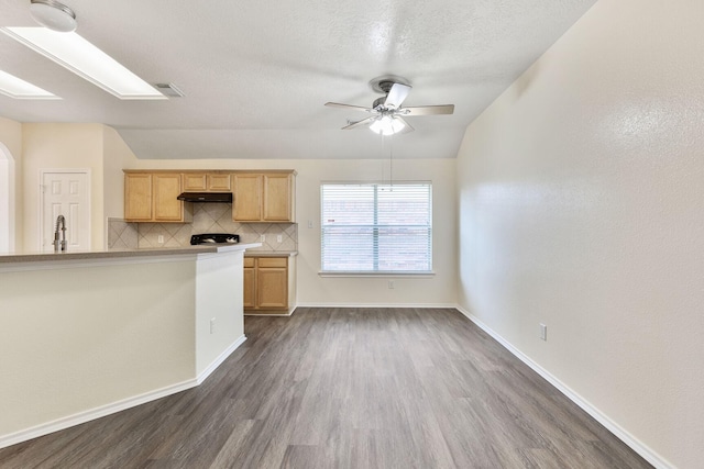 6431 Bright Falls Ln, Katy, TX 77449 - kitchen featuring dark wood-style floors, ceiling fan, decorative backsplash, under cabinet range hood, and baseboards