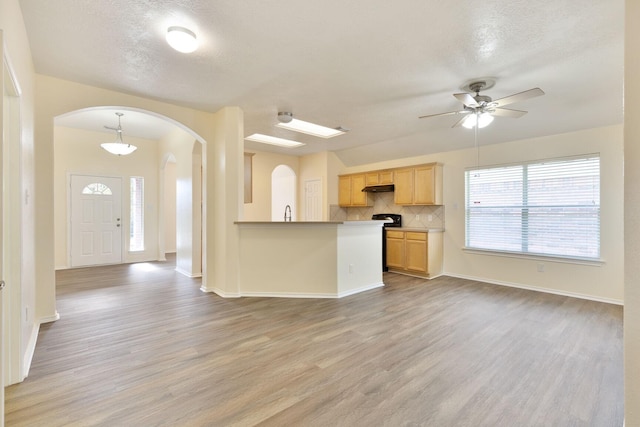 6431 Bright Falls Ln, Katy, TX 77449 - kitchen featuring arched walkways, open floor plan, and ceiling fan