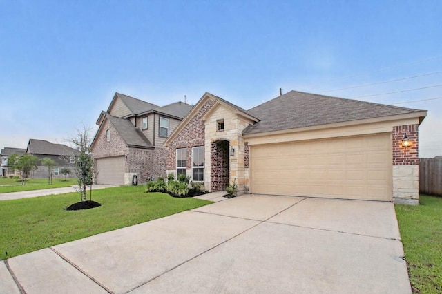 15322 Laceleaf Trl, Houston, TX 77044 - view of front of property with stone siding, a front lawn, a garage, concrete driveway, and brick siding
