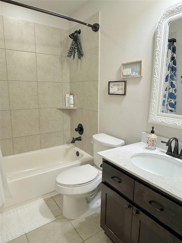 201 Deen Dr, Houston, TX 77336 - bathroom with vanity, shower / tub combo, tile patterned flooring, and toilet
