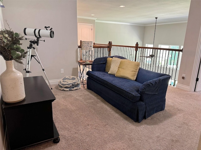 201 Deen Dr, Houston, TX 77336 - living room with carpet, ornamental molding, baseboards, and recessed lighting