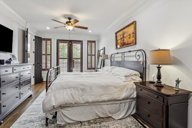 1212 Bingham St, Houston, TX 77007 - bedroom featuring ornamental molding, dark wood-type flooring, recessed lighting, access to exterior, and ceiling fan