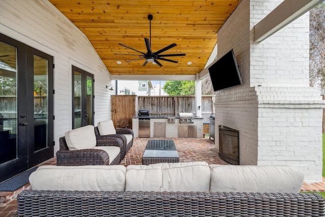 1212 Bingham St, Houston, TX 77007 - view of patio / terrace with french doors, an outdoor hangout area, and ceiling fan