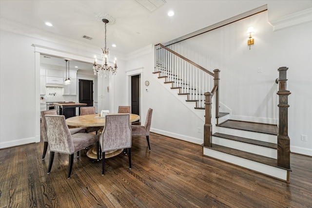 1212 Bingham St, Houston, TX 77007 - dining room featuring stairway, dark wood-style floors, baseboards, a chandelier, and recessed lighting