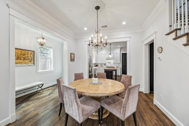1212 Bingham St, Houston, TX 77007 - dining space with a chandelier, dark wood-style floors, baseboards, crown molding, and stairs