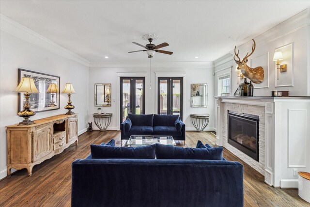 1212 Bingham St, Houston, TX 77007 - living area with a ceiling fan, crown molding, french doors, dark wood-style flooring, and recessed lighting