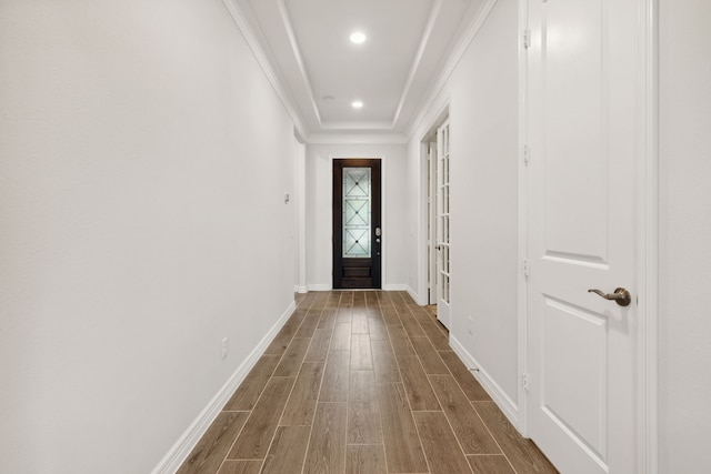 5204 Andorra Bend Ln, Porter, TX 77365 - doorway featuring dark wood-style flooring, baseboards, crown molding, and recessed lighting