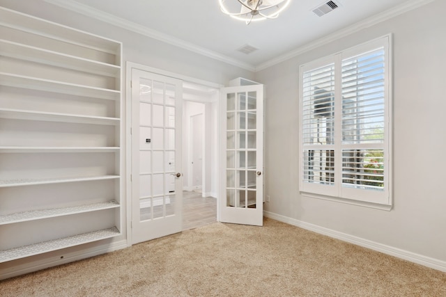5204 Andorra Bend Ln, Porter, TX 77365 - unfurnished bedroom featuring french doors, crown molding, carpet flooring, and baseboards