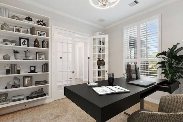 5204 Andorra Bend Ln, Porter, TX 77365 - office with french doors, crown molding, and carpet flooring