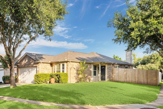 10410 Caribou Cv, Missouri City, TX 77459 - ranch-style home featuring brick siding, an attached garage, a chimney, and a shingled roof