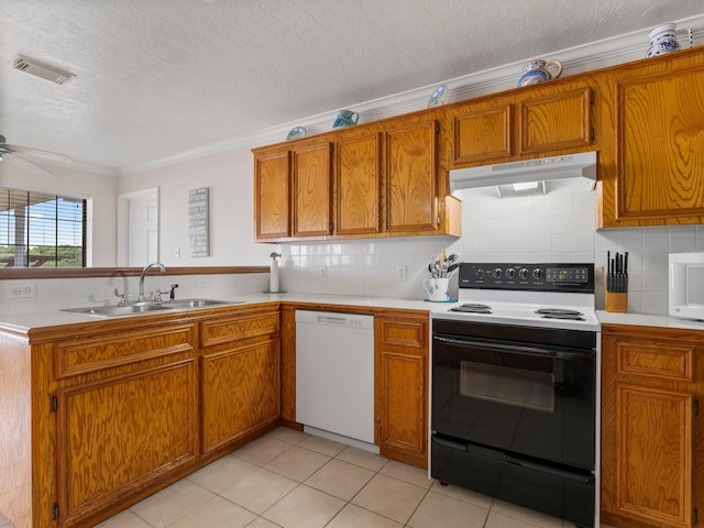 779 County Road 257, Matagorda, TX 77457 - kitchen with under cabinet range hood, white dishwasher, range with electric cooktop, a sink, and a peninsula