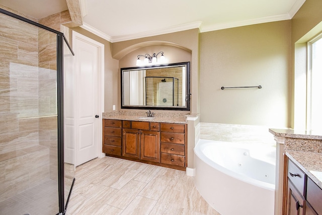 17218 Meek Pass Dr, Cypress, TX 77433 - bathroom featuring a shower stall, vanity, ornamental molding, and a tub with jets