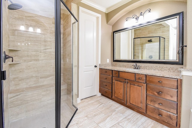 17218 Meek Pass Dr, Cypress, TX 77433 - full bathroom featuring ornamental molding, a shower stall, and vanity