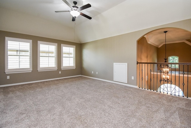17218 Meek Pass Dr, Cypress, TX 77433 - empty room featuring vaulted ceiling, a ceiling fan, healthy amount of natural light, and carpet