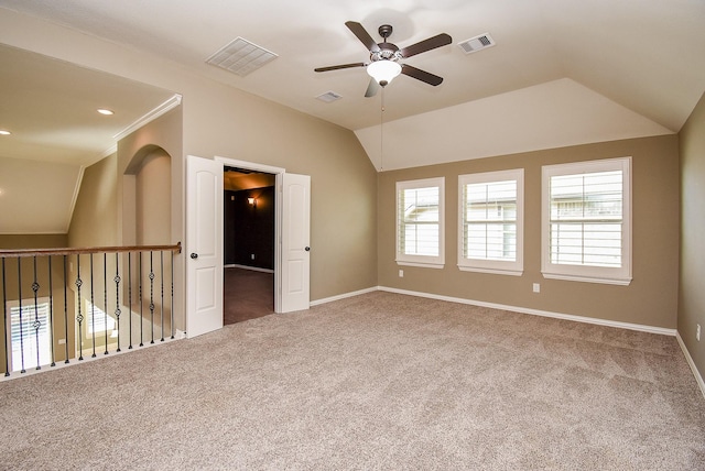 17218 Meek Pass Dr, Cypress, TX 77433 - unfurnished room featuring ceiling fan, carpet flooring, baseboards, vaulted ceiling, and recessed lighting