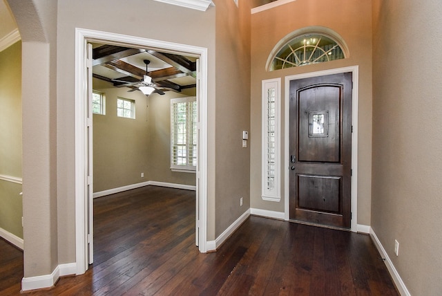17218 Meek Pass Dr, Cypress, TX 77433 - foyer entrance with coffered ceiling, dark wood finished floors, ceiling fan, beam ceiling, and baseboards