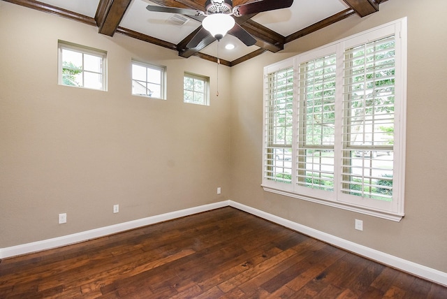 17218 Meek Pass Dr, Cypress, TX 77433 - spare room featuring baseboards, dark wood-style flooring, beamed ceiling, ceiling fan, and coffered ceiling