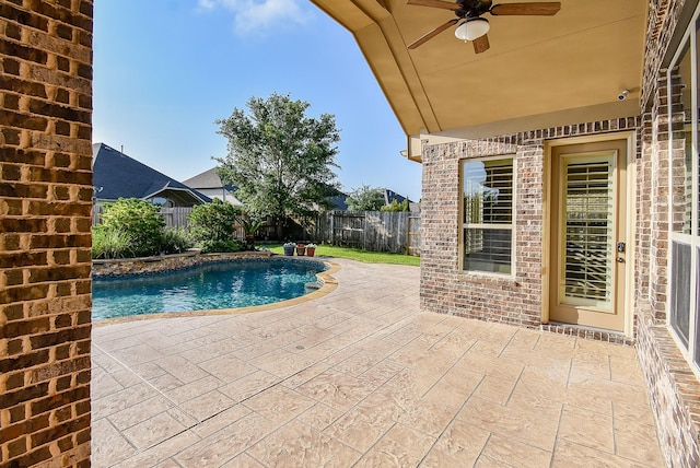 17218 Meek Pass Dr, Cypress, TX 77433 - view of swimming pool with a patio, ceiling fan, and a fenced backyard