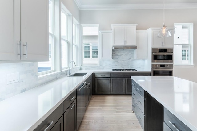 737 Bringhurst St, Houston, TX 77020 - kitchen with ornamental molding, a sink, light countertops, appliances with stainless steel finishes, and white cabinetry