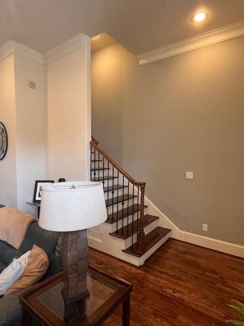 2533 Lamar St, Houston, TX 77003 - living room featuring crown molding, wood finished floors, stairs, and baseboards