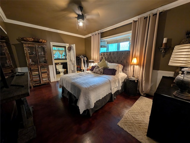 301 S Alexander Ave, Washington, GA 30673 - bedroom featuring wood finished floors, crown molding, a wainscoted wall, and ceiling fan