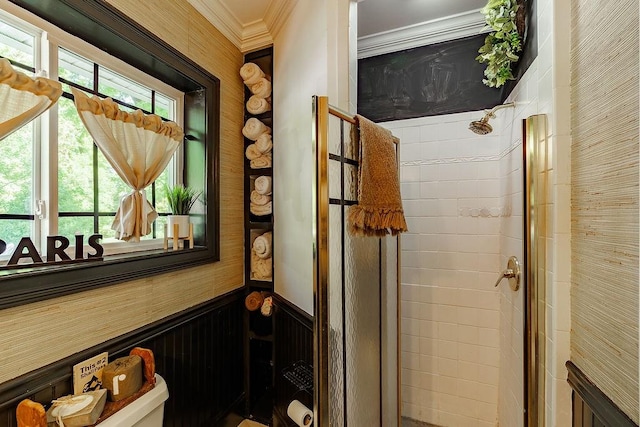 301 S Alexander Ave, Washington, GA 30673 - bathroom with ornamental molding, a shower stall, toilet, wainscoting, and wood walls