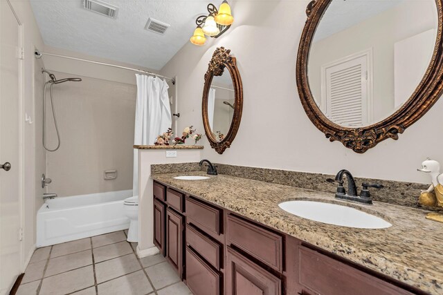 3714 Green Fields Dr, Sugar Land, TX 77479 - bathroom with tile patterned flooring, toilet, shower / bath combination with curtain, double vanity, and baseboards