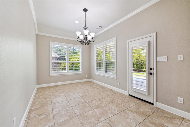 27208 Adrian Hills Ln, Spring, TX 77386 - unfurnished dining area featuring a chandelier, ornamental molding, light tile patterned floors, and baseboards