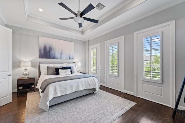 1807 Ashland St, Houston, TX 77008 - bedroom with a tray ceiling, dark wood-style floors, crown molding, access to outside, and ceiling fan