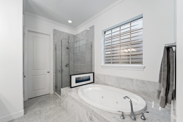 1807 Ashland St, Houston, TX 77008 - full bathroom with a jetted tub, a shower stall, and ornamental molding