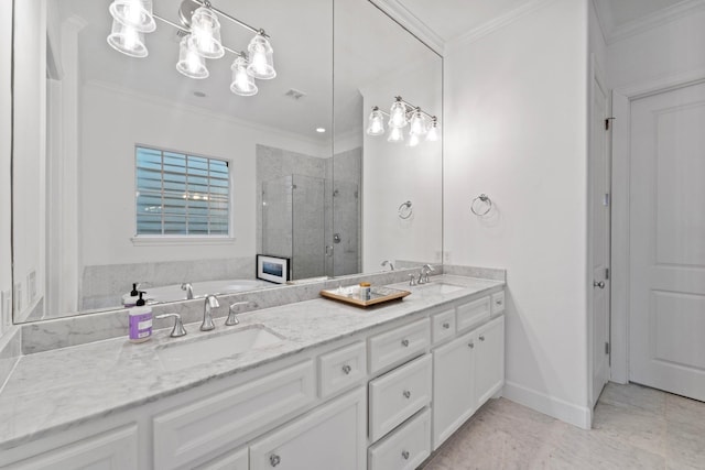 1807 Ashland St, Houston, TX 77008 - full bathroom with a stall shower, double vanity, a garden tub, crown molding, and baseboards