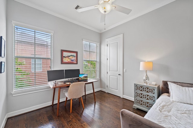 1807 Ashland St, Houston, TX 77008 - office space featuring crown molding, baseboards, wood finished floors, and a ceiling fan