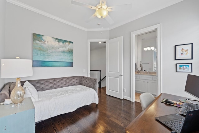 1807 Ashland St, Houston, TX 77008 - bedroom with ornamental molding, wood finished floors, a desk, connected bathroom, and a sink